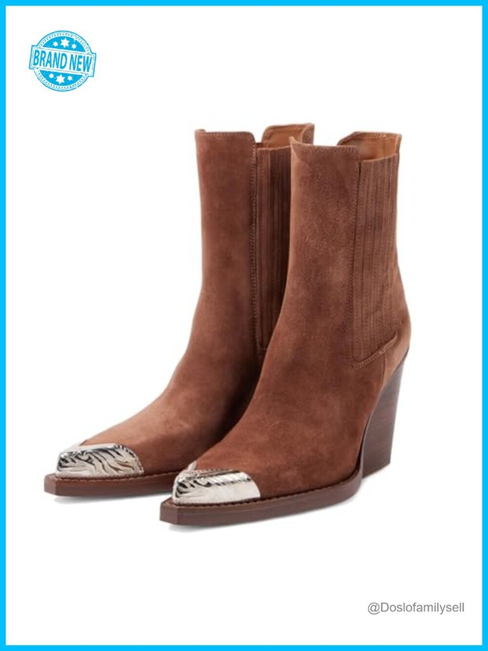 Suede Western Cowboy Ankle Boots Pointed Toe Stacked Block Heel Slip On Booties